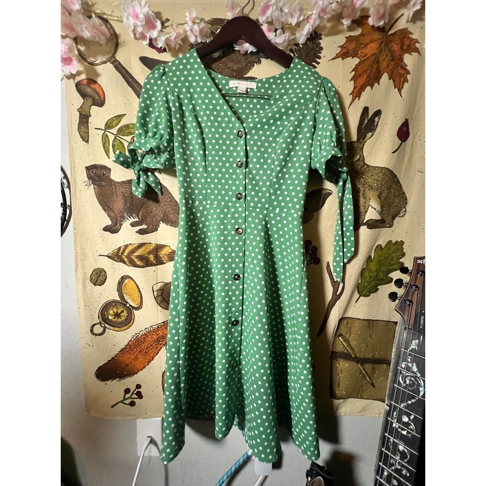Monteau Polka Dot Dress Womens XS Green Excellent Puff Sleeve Button Front